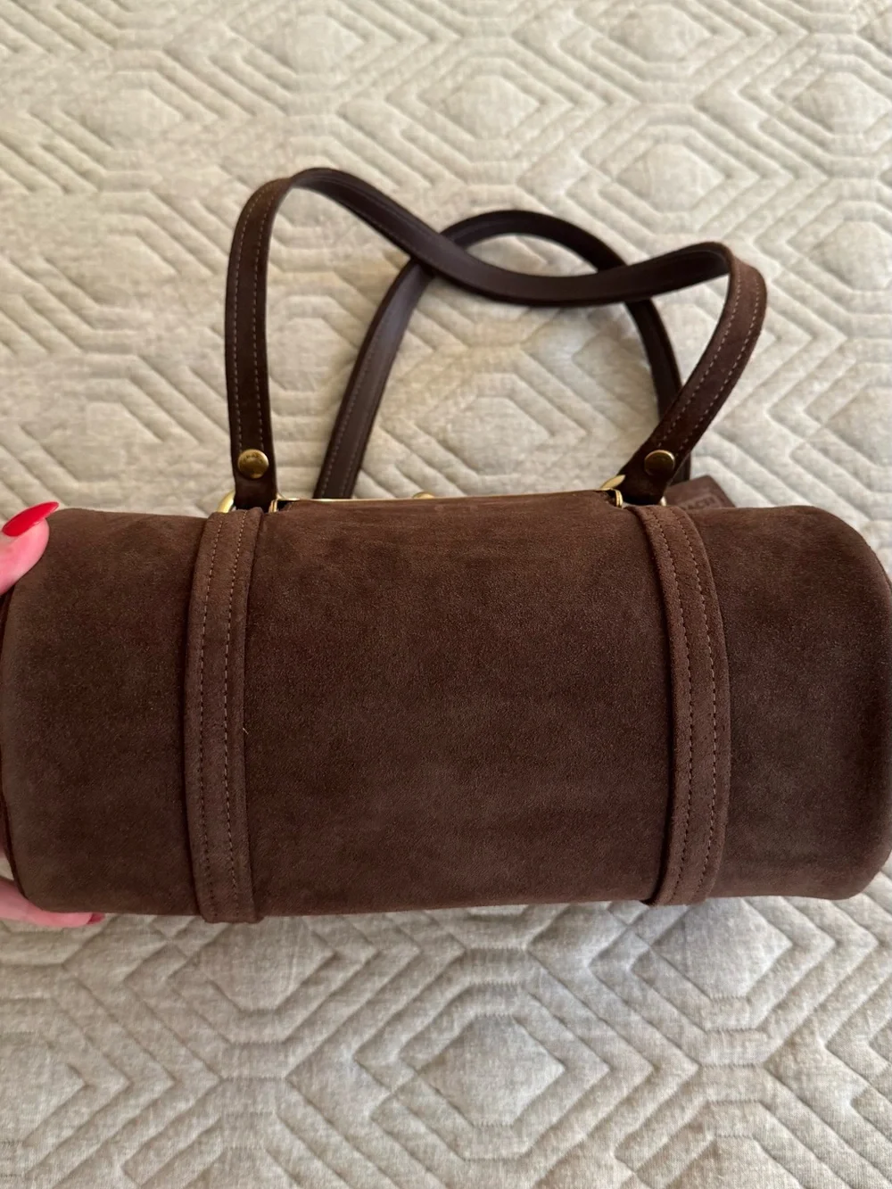 Coach Kisslock Barrel Bag 28 in Dark Chocolate Brown Suede with Brass Hardware